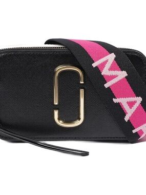 Marc Jacobs Black Leather Crossbody with Pink Logo Strap